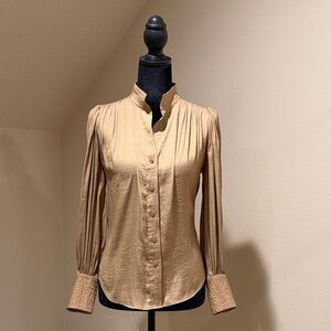 Women's Long-Sleeve Button Front Blouse in Beige